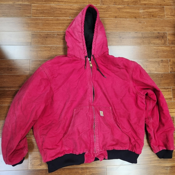 VTG Carhartt Red Mens J140 Canvas Hooded Zip Up Workwear Jacket 2XL Quilted